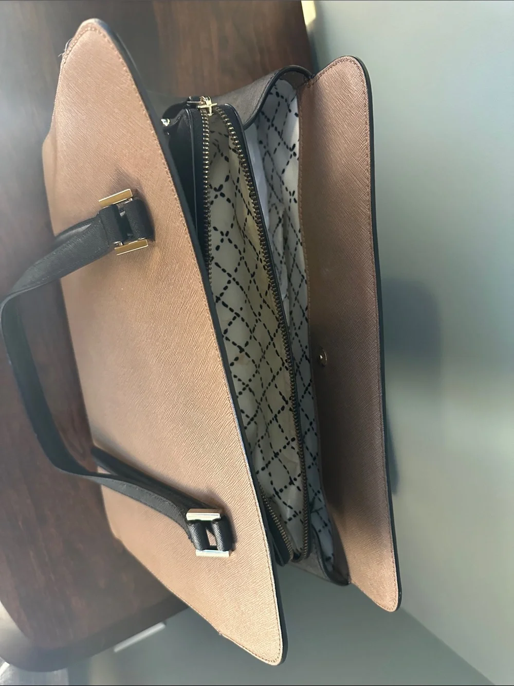 Kate Spade New York Taupe & Black Saffiano Leather Satchel Tote